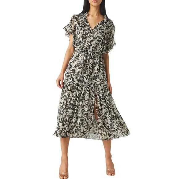 Misa Ranjana Flutter Sleeve Midi Dress in Black White - Picture 1 of 7